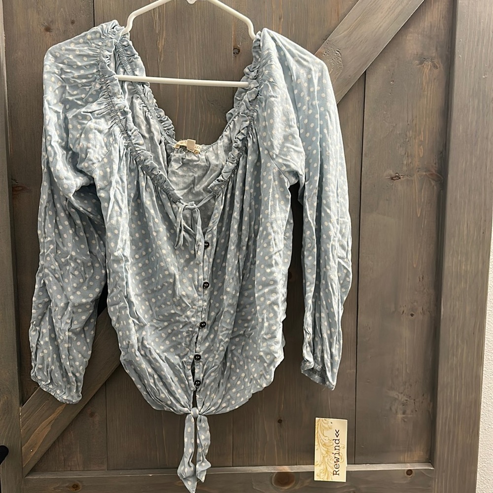 Light blue and cream tie blouse